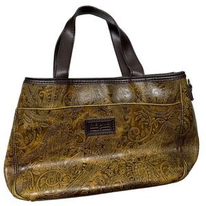 Relic Handcrafted Vegan Leather Brown Purse Carved Paisley Floral Design Handbag